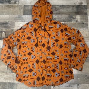 Men's Long Sleeve Hooded Button-Down Shirt Brown Aztec Geometric XL